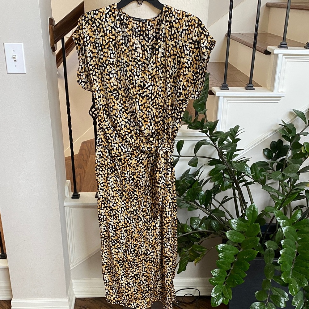 Stylish Black and Gold Patterned Dress side tie, slits each side size M